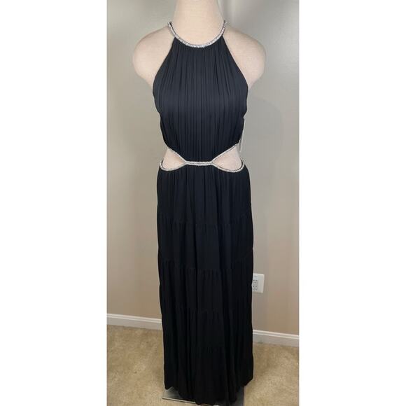 Alice + Olivia Myrtice Crystal Embellished Cutout Pleated Black Maxi Dress Sz 8 - Picture 3 of 9